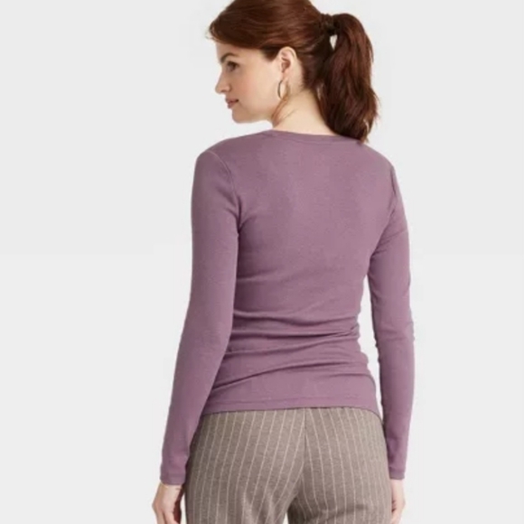 A New Day NWT Women's Purple Ribbed V-Neck Long Sleeve Shirt Top - Picture 5 of 13